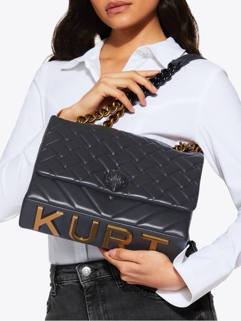 New Kurt Geiger Black Quilted Large Logo Shoulder Bag
